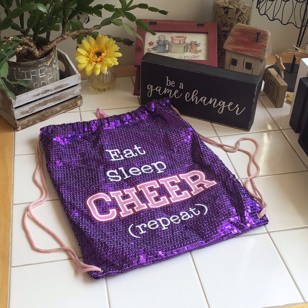 Eat Sleep Cheer (repeat) Purple Sequin Drawstring Backpack